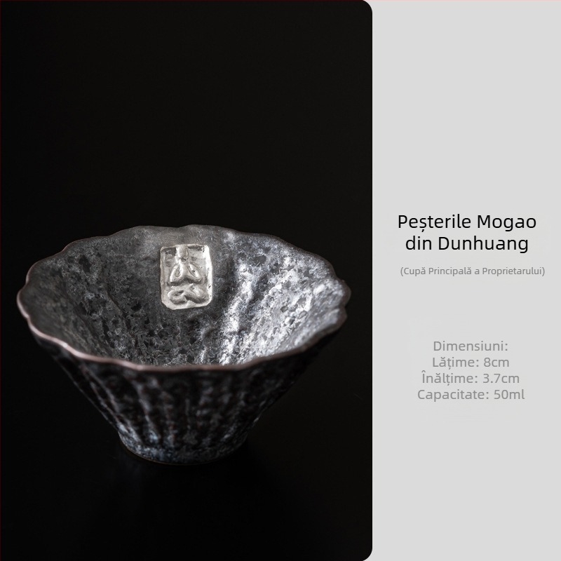 Ceșcuță ceramică pentru degustarea ceaiului, Kung Fu, unică, stil Dunhuang, ceramică brută, placare cu argint