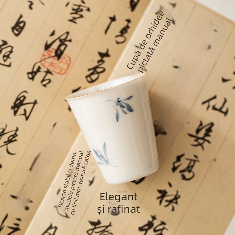 Căniță de ceai ceramică pictată manual, motiv fluture-orhidee, sub glazură, stil Kung Fu, porțelan alb, cană de degustare