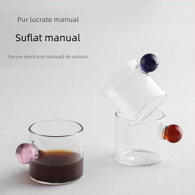 Ceașcă mică din sticlă colorată, cu mâner în formă de mărgea, pentru lapte și cafea, măsurătoare, rezistentă la căldură pentru apă și ceai