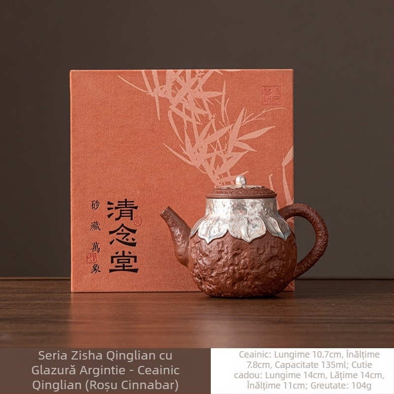 Ceainic din lut purpuriu cu finisaj argintiu — set ceramic Gongfu pentru ceai cu ceașcă