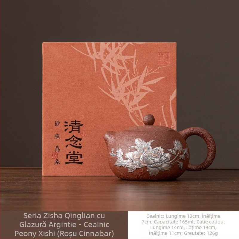 Ceainic din lut purpuriu cu finisaj argintiu — set ceramic Gongfu pentru ceai cu ceașcă