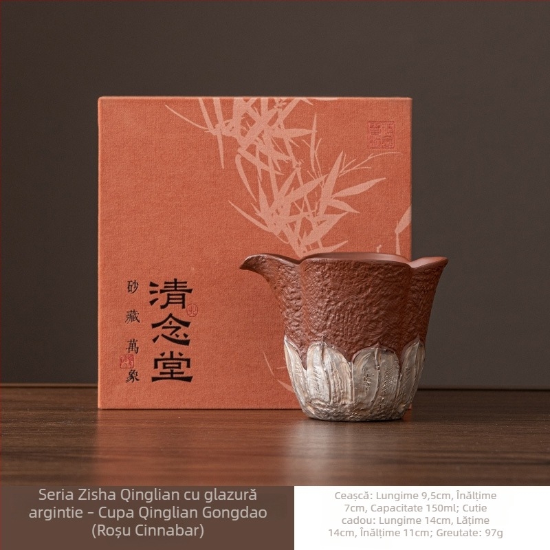 Ceainic din lut purpuriu cu finisaj argintiu — set ceramic Gongfu pentru ceai cu ceașcă