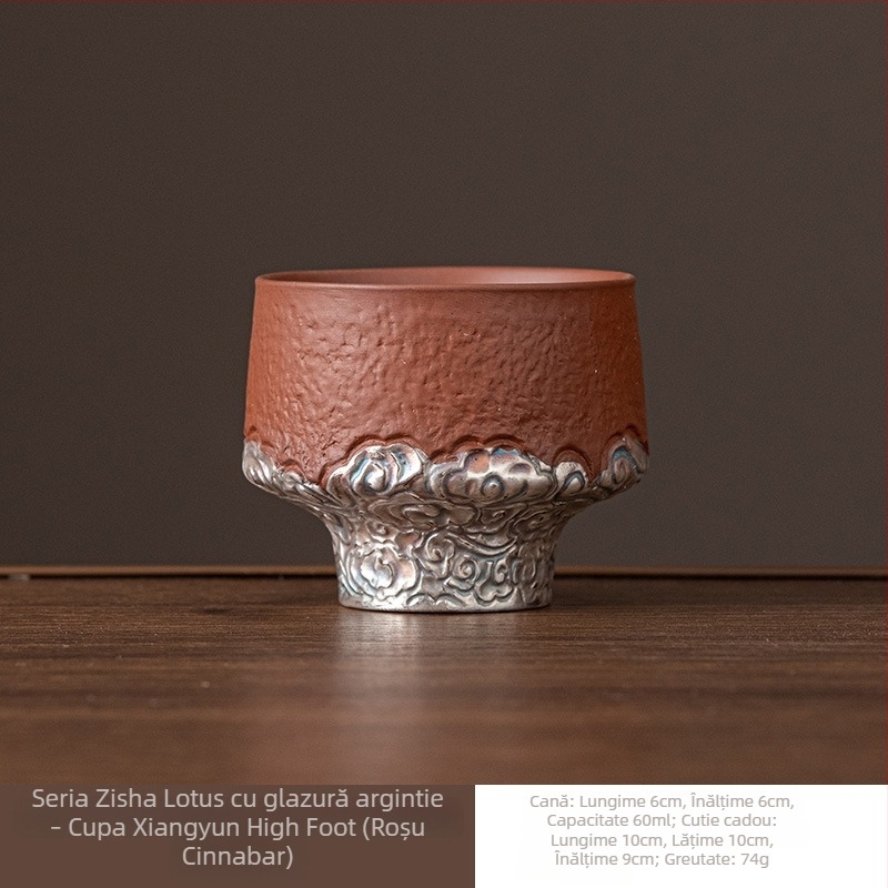 Ceainic din lut purpuriu cu finisaj argintiu — set ceramic Gongfu pentru ceai cu ceașcă