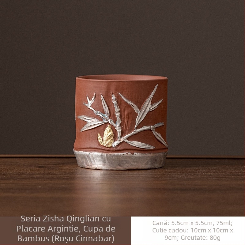 Ceainic din lut purpuriu cu finisaj argintiu — set ceramic Gongfu pentru ceai cu ceașcă