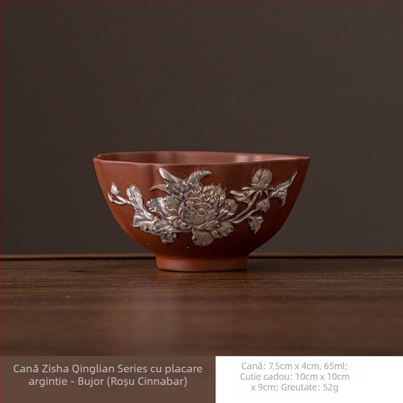 Ceainic din lut purpuriu cu finisaj argintiu — set ceramic Gongfu pentru ceai cu ceașcă