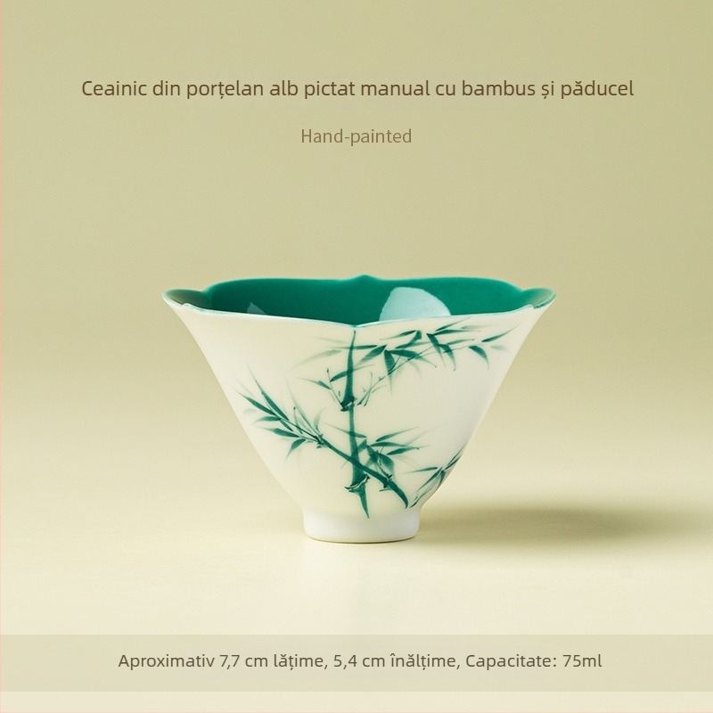 CEAȘĂ de ceai din porțelan alb de înaltă calitate, pictură manuală cu motiv bambus și begonie, design cu pălărie din bambus, set de ceai pentru acasă, stil Kung Fu