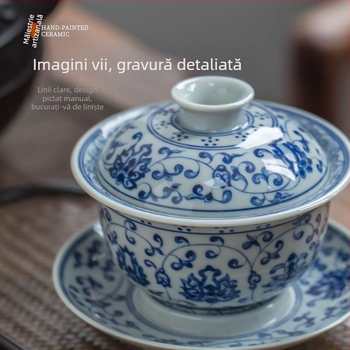 Dinastia Ming Yongle, bol de ceai cu capac, albastru și alb, din porțelan, pictură manuală, glazură tri-coloră.