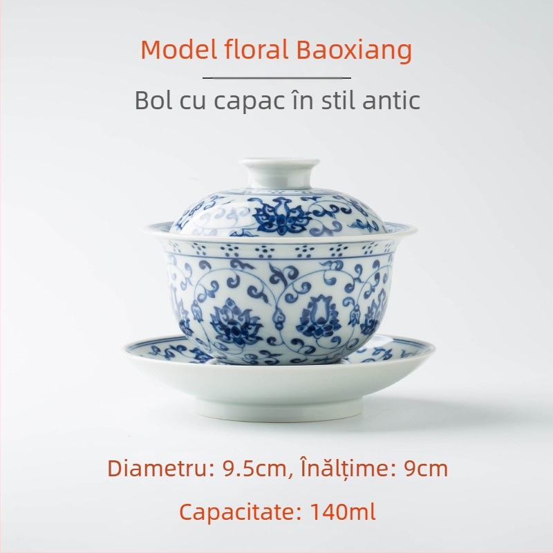 Dinastia Ming Yongle, bol de ceai cu capac, albastru și alb, din porțelan, pictură manuală, glazură tri-coloră.