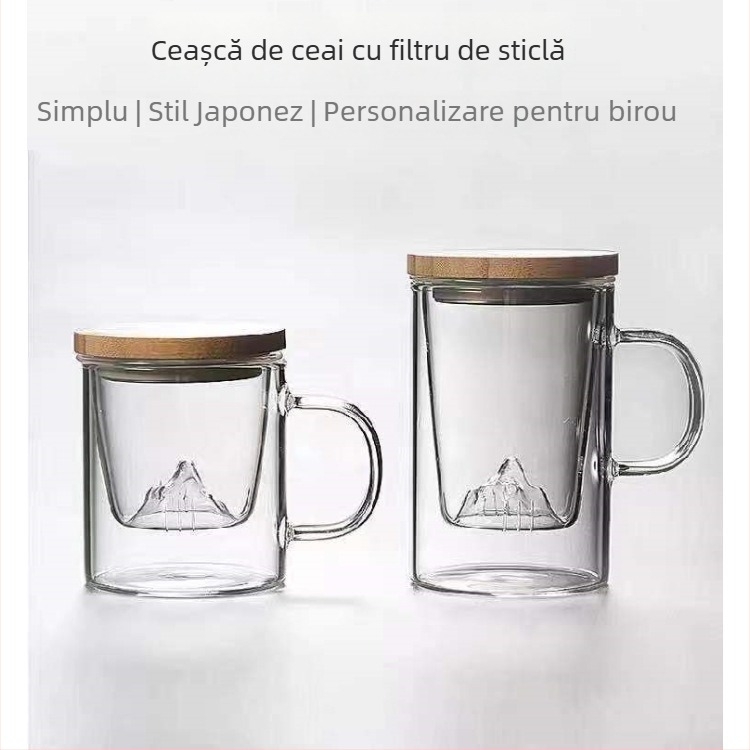 Set de ceai din sticlă transparentă, rezistentă la căldură, cu capac și filtru, design drept, stil minimalist japonez, pentru birou și casă