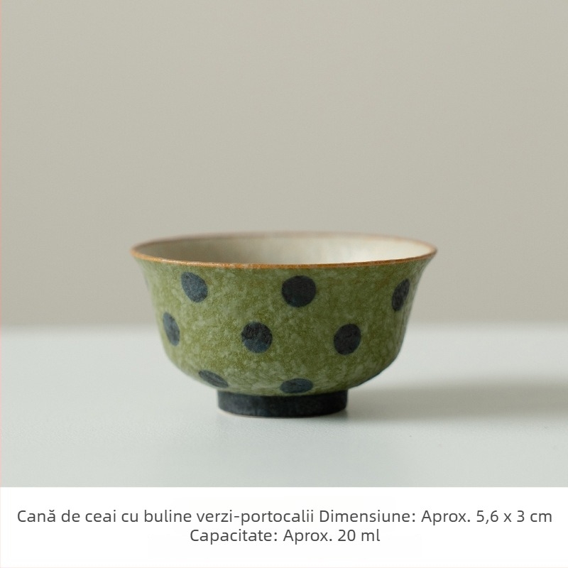 ceașcă ceramică de ceai cu puncte verde-portocalii, stil chinezesc nou, pentru uz personal acasă sau la birou, simplă și elegantă.