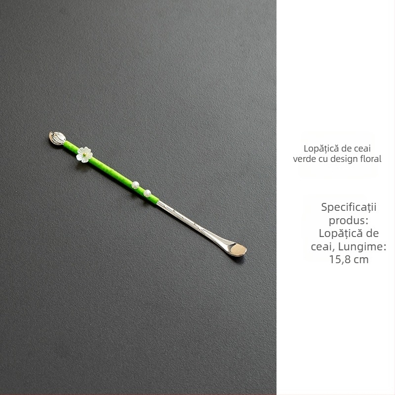 Accesorii pentru ceremonia ceaiului din oțel inoxidabil, stil vintage, set lucrat manual Six Gentlemen cu linguriță de ceai și suport pentru ceai