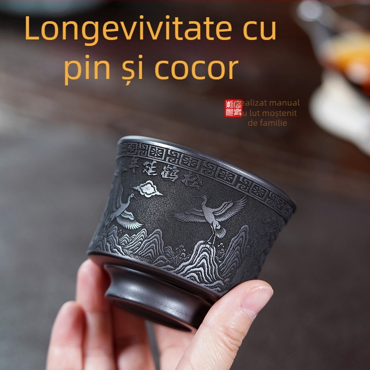 Cană de ceai din lut purpuriu, culoare piatră galbenă, gură largă, capacitate mare, lucrată manual