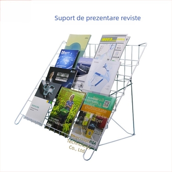 Suport metalic de expunere pentru broșuri, reviste și ziare; cu 6 niveluri, raft de podea pentru CD și bibliotecă pentru elevi.
