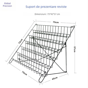 Suport metalic de expunere pentru broșuri, reviste și ziare; cu 6 niveluri, raft de podea pentru CD și bibliotecă pentru elevi.