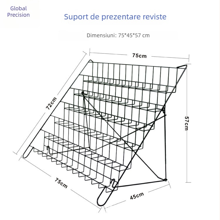 Suport metalic de expunere pentru broșuri, reviste și ziare; cu 6 niveluri, raft de podea pentru CD și bibliotecă pentru elevi.