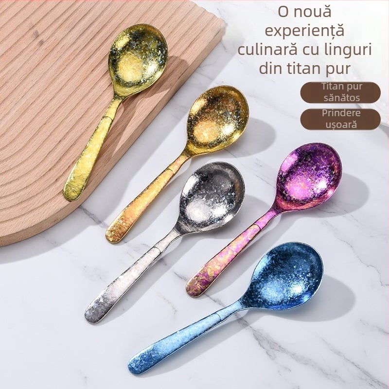 Lingură de desert din titan pur cu design Ice Flower, vârf rotund, pentru uz casnic, lingură pentru înghețată, ceai și supă