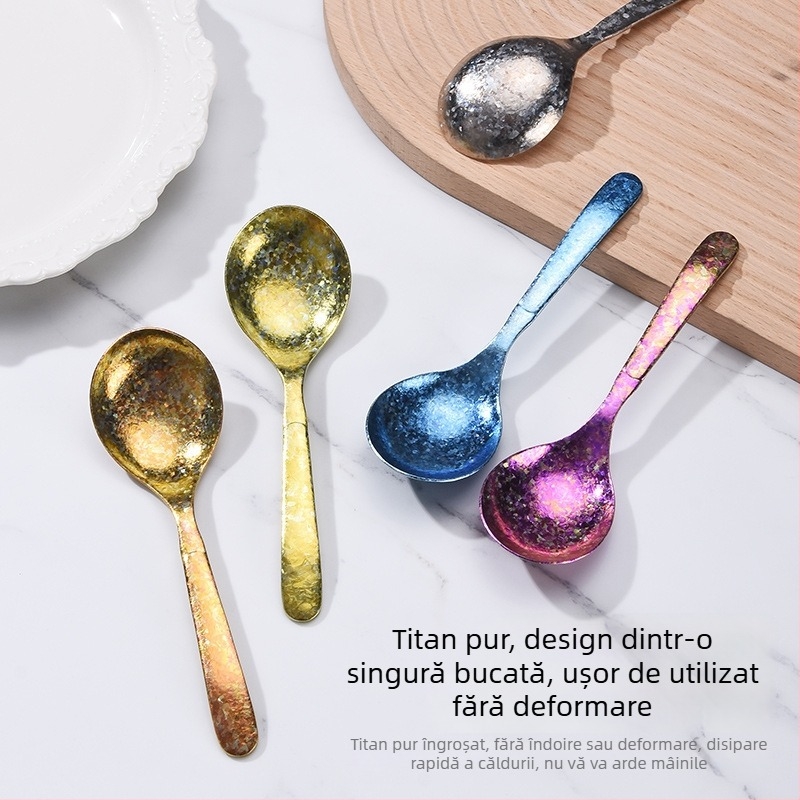 Lingură de desert din titan pur cu design Ice Flower, vârf rotund, pentru uz casnic, lingură pentru înghețată, ceai și supă