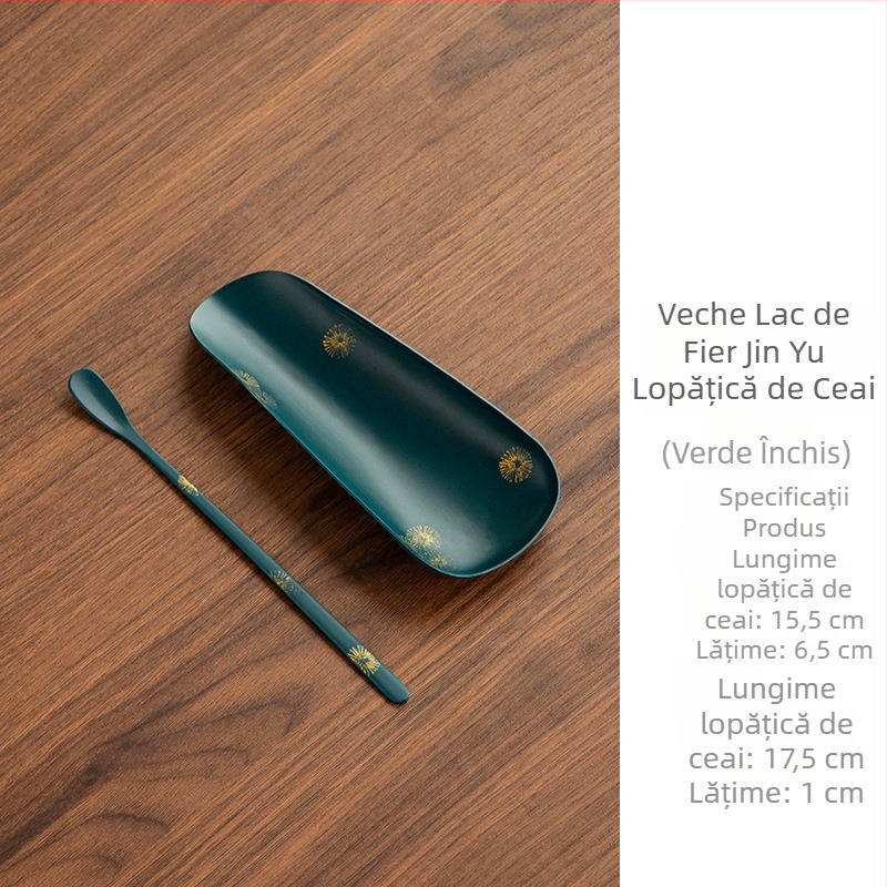 Set de ceremonie a ceaiului din fier lacuit, lucrat manual, cu lingură de ceai, suport pentru ceai și șase instrumente pentru ceremonia ceaiului