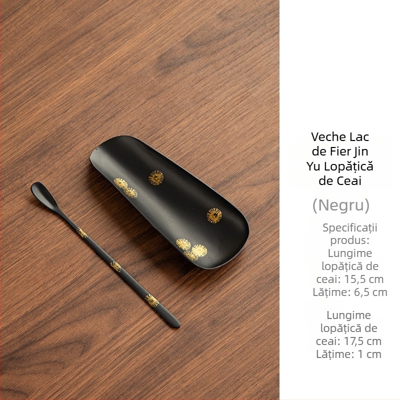 Set de ceremonie a ceaiului din fier lacuit, lucrat manual, cu lingură de ceai, suport pentru ceai și șase instrumente pentru ceremonia ceaiului