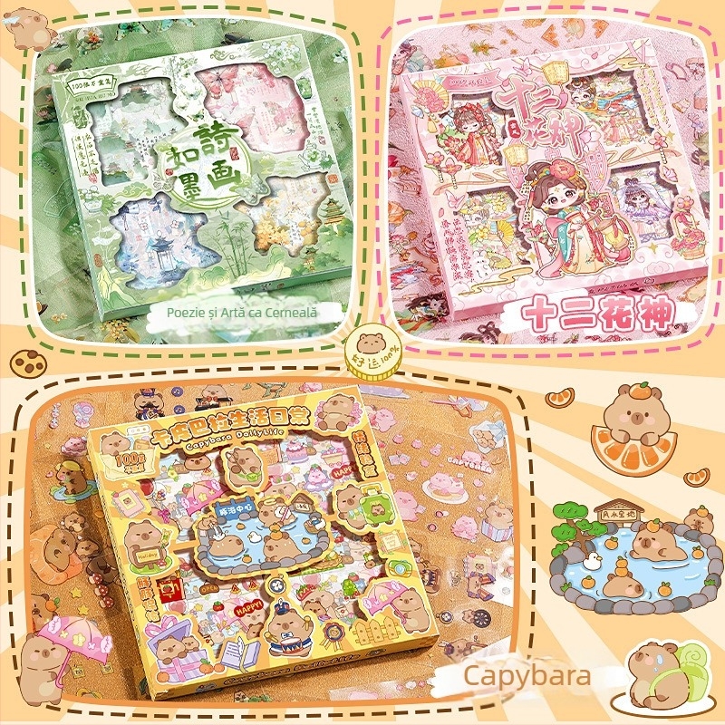 Capybara Stickere creative pentru planner, 100 de bucăți, personaje de fete drăguțe, fără repetiții, rezistente la apă