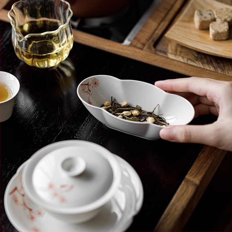 Tava ceramică pentru ceai, pictată manual, cu motiv de pin roșu, pentru uz casnic, separator de ceai, instrument pentru aprecierea ceaiului, instrument de trezire a ceaiului, accesorii de ceai lucrate manual, stil nou chinezesc
