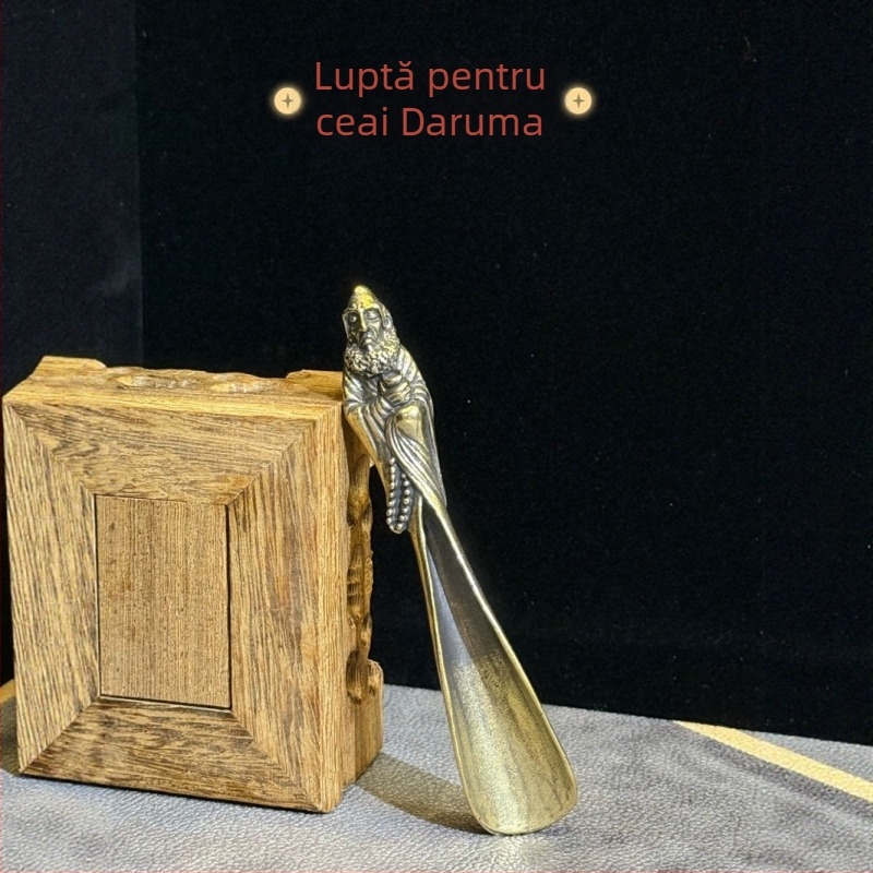 Lingură de ceai din alamă Daruma cu statuetă Buddha vintage, detalii micro-gravate, lingură de ceai Kung Fu, obiect de colecție