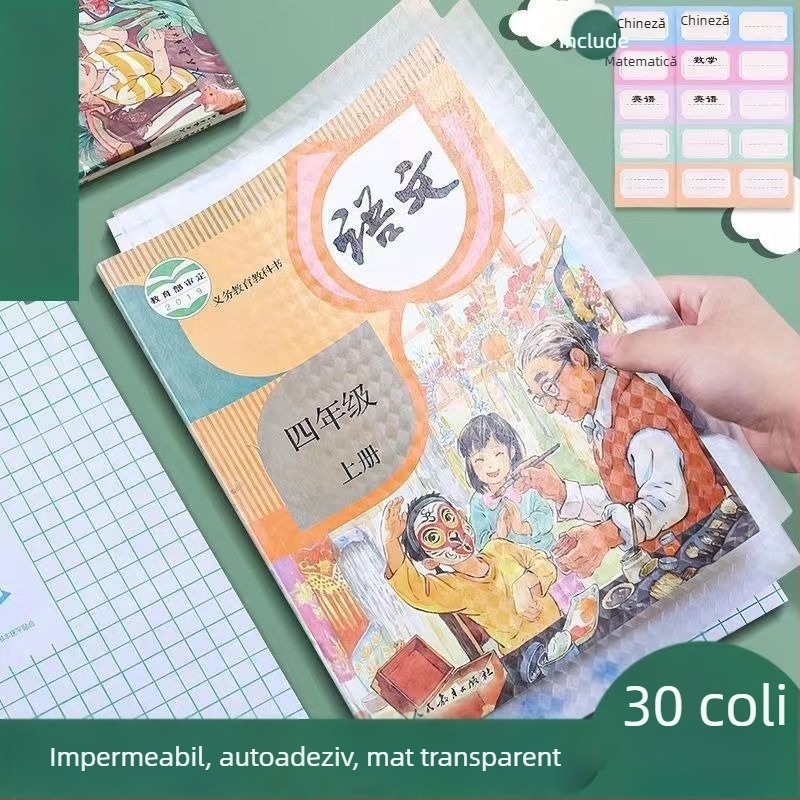Folie de copertă autoadezivă, groasă, impermeabilă, pentru manuale 16K – pentru elevi din ciclul primar și gimnazial