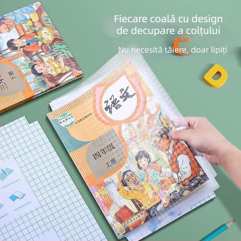 Folie de copertă autoadezivă, groasă, impermeabilă, pentru manuale 16K – pentru elevi din ciclul primar și gimnazial