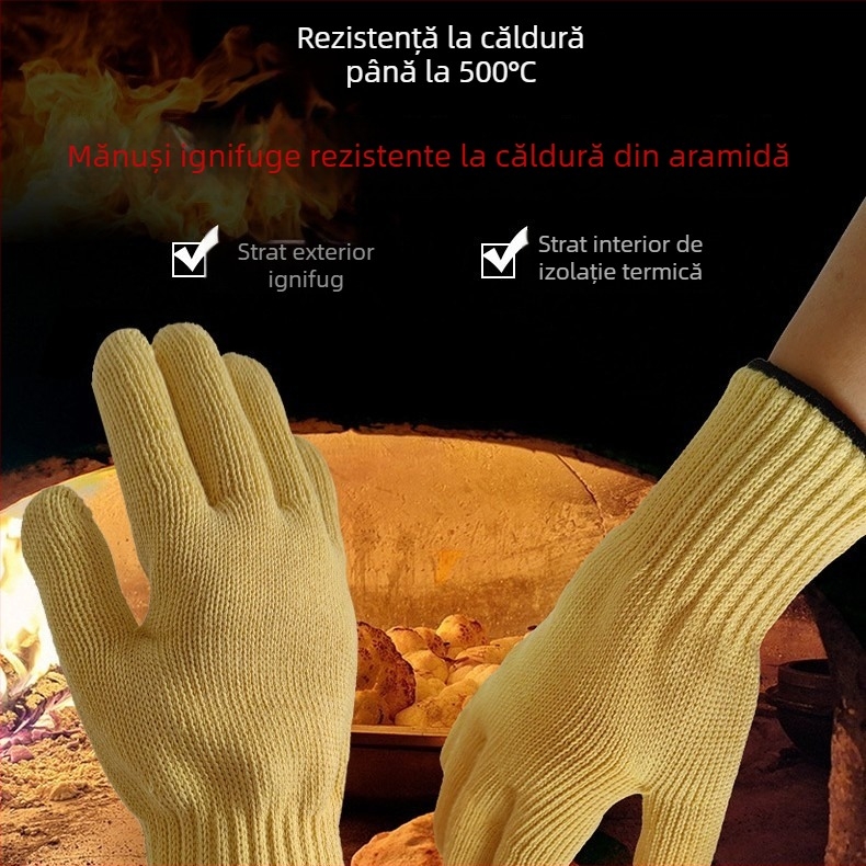 Mănuși din aramidă rezistente la temperaturi înalte, izolare termică, protecție împotriva arsurilor și tăierilor, potrivite pentru cuptor și cuptor cu microunde până la 500°C.