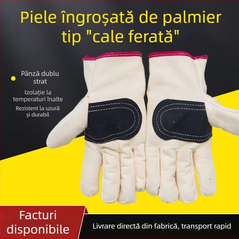 Mănuși de sudură din pânză, cu palmă din piele întărită, rezistente la abraziune, antiderapante, protecție la tăieturi și arsuri