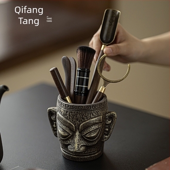 Set ceramic Gongfu pentru ceremonia ceaiului Sanxingdui, cu șase domni, lemn Ebony, cuțit de ceai, clips pentru ceai, accesorii de infuzare și stilou de întreținere a ceaiului
