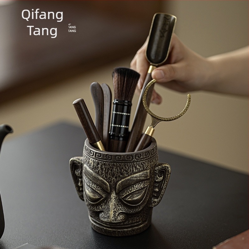 Set ceramic Gongfu pentru ceremonia ceaiului Sanxingdui, cu șase domni, lemn Ebony, cuțit de ceai, clips pentru ceai, accesorii de infuzare și stilou de întreținere a ceaiului