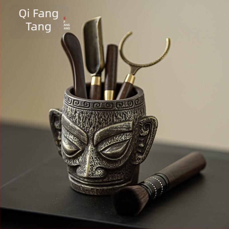 Set ceramic Gongfu pentru ceremonia ceaiului Sanxingdui, cu șase domni, lemn Ebony, cuțit de ceai, clips pentru ceai, accesorii de infuzare și stilou de întreținere a ceaiului