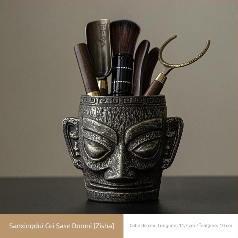 Set ceramic Gongfu pentru ceremonia ceaiului Sanxingdui, cu șase domni, lemn Ebony, cuțit de ceai, clips pentru ceai, accesorii de infuzare și stilou de întreținere a ceaiului