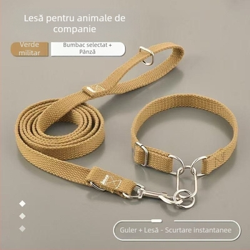 Lesă și zgardă din nylon întărite pentru câini de talie mică și mare; potrivite pentru Golden Retriever, Labrador și German Shepherd.