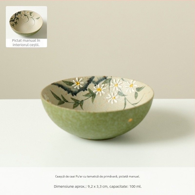 Set ceramic pentru ceai, pictat manual, seria Verde Primăvară, cu motive mandarine verzi și margaretă, în stil chinezesc, ceainic cu mâner