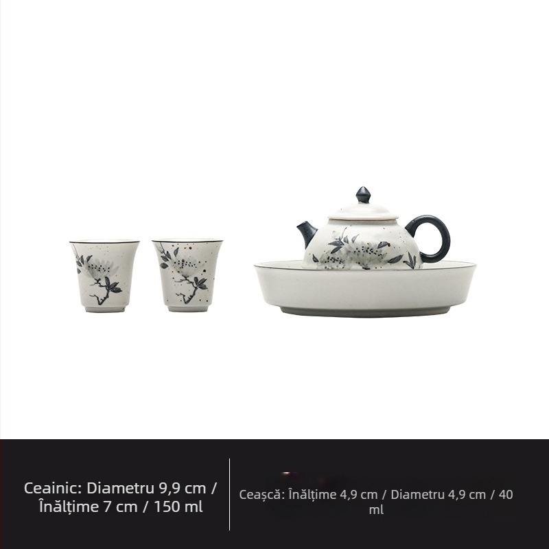 Set ceainic cu pictură manuală de bujori — un ceainic și două cești din porțelan alb