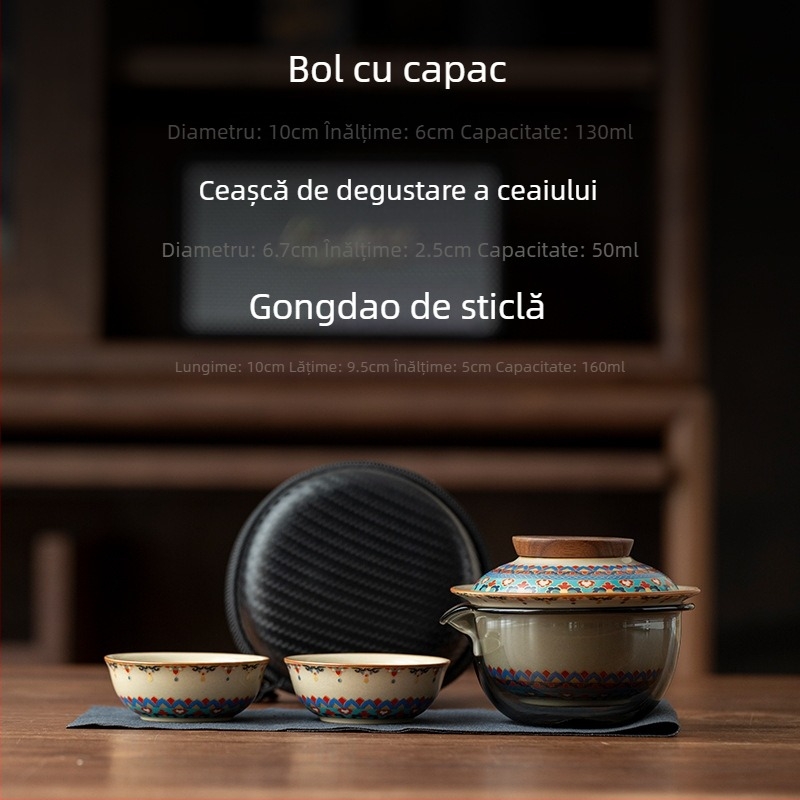 Set de ceai de călătorie: o oală cu trei cești, bol din porțelan cu capac Ice Jade, cești Gongfu, geantă portabilă, cadou corporativ pentru team-building