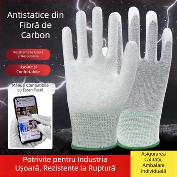 Mănuși din fibră de carbon, cu palmă acoperită cu PU, antistatice, rezistente la uzură, pentru fabrici electronice și spații curate.