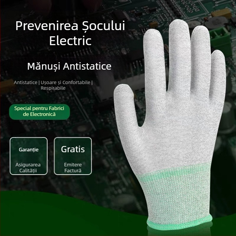Mănuși din fibră de carbon, cu palmă acoperită cu PU, antistatice, rezistente la uzură, pentru fabrici electronice și spații curate.