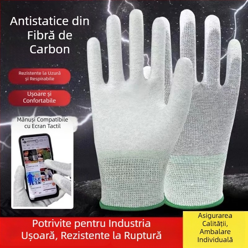Mănuși din fibră de carbon, cu palmă acoperită cu PU, antistatice, rezistente la uzură, pentru fabrici electronice și spații curate.
