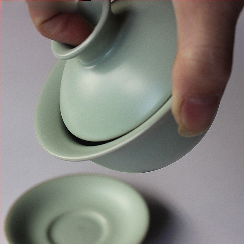 Gaiwan ceramic cu celadon crackle, Ru kiln, ceai Gongfu pentru acasă