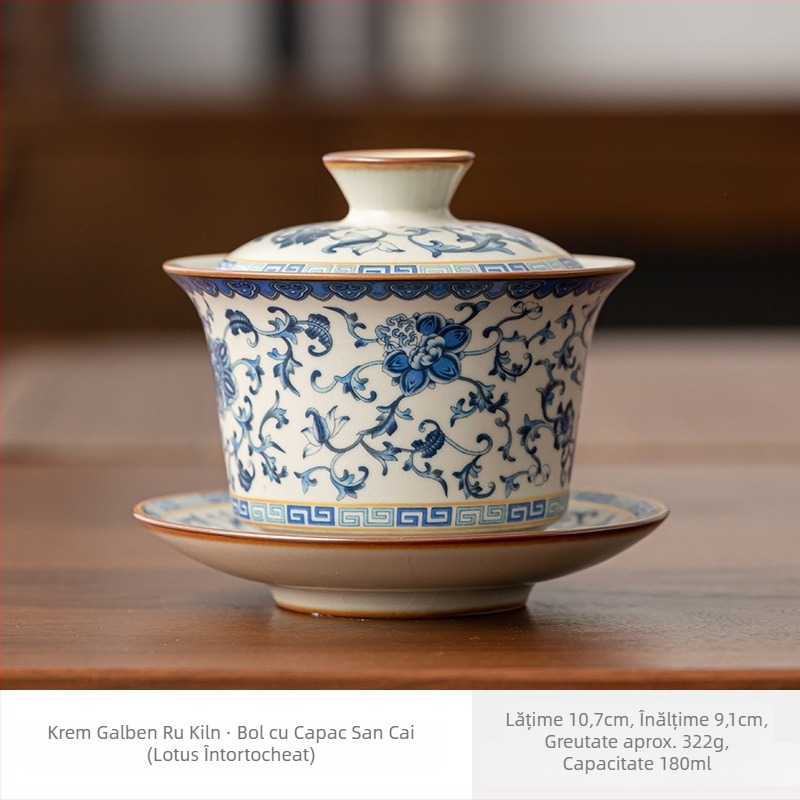 Set Gongfu de ceai din porțelan Ru Kiln, albastru-alb-bej, bol cu capac, ceramic pentru uz casnic