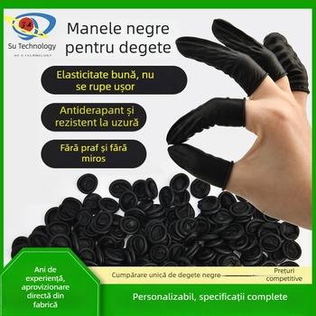 Protecții pentru degete, de unică folosință, negre, anti-static, din latex natural, fără pudră, groase, anti-alunecare pentru producția electronică