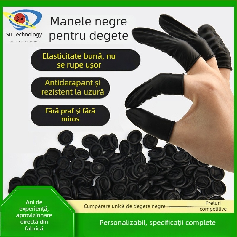 Protecții pentru degete, de unică folosință, negre, anti-static, din latex natural, fără pudră, groase, anti-alunecare pentru producția electronică