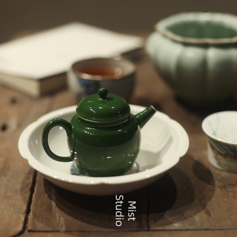 Ceainic vintage verde papagal, ceramic din Jingdezhen