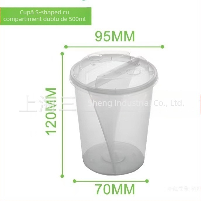 Pahar pentru ceai cu lapte pentru două băuturi, din plastic PP, formă S, compartimentare dublă, rezistent la căldură, capac transparent