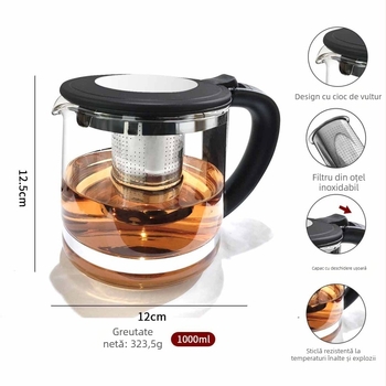 Ceainic din sticlă cu infuzor pentru ceai cu flori, capacitate mare, set ceainic cu filtru