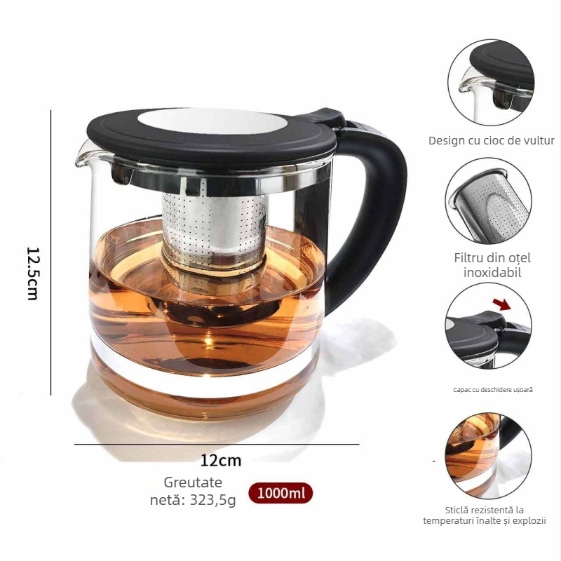 Ceainic din sticlă cu infuzor pentru ceai cu flori, capacitate mare, set ceainic cu filtru