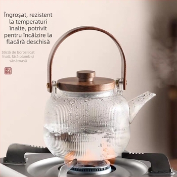 Ceainic din sticlă rezistent la impact, cu mâner din lemn de nuc, pentru plită ceramică electrică, pentru aburire și preparare ceai, set de ceainic cu filtru, capacitate mare